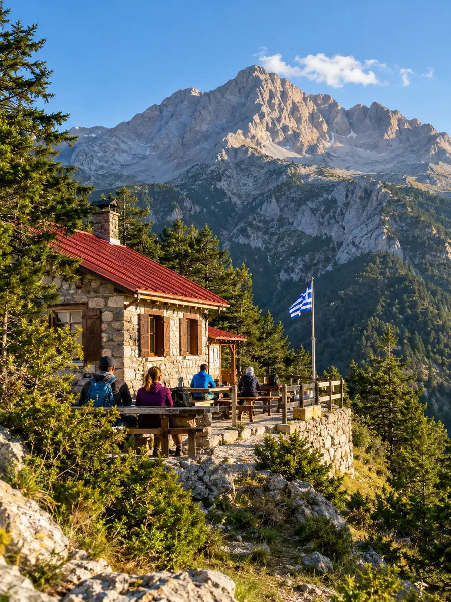 Πέτρινο καταφύγιο με κόκκινη στέγη σε δασωμένο πλάτωμα, πεζοπόροι ξεκουράζονται έξω και από πάνω οι βραχώδεις κορυφές στον απογευματινό ήλιο